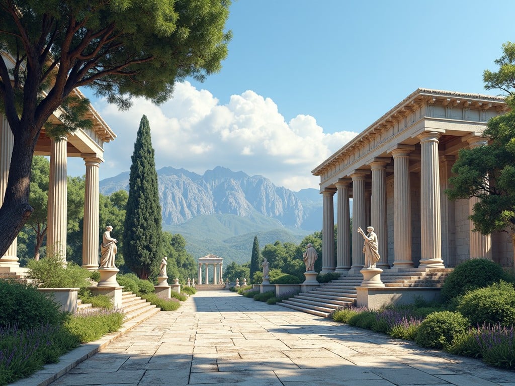 A serene scene of ancient Greek architecture with classical columns and statues in a lush green landscape, mountains in the background, and a clear blue sky.