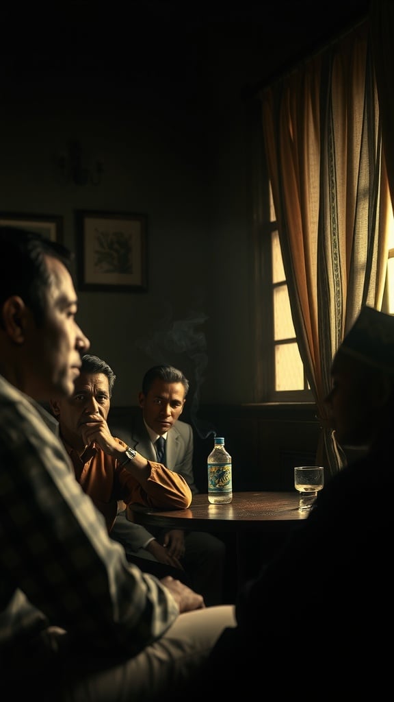 A group of individuals engaged in a serious discussion in a dimly lit room.