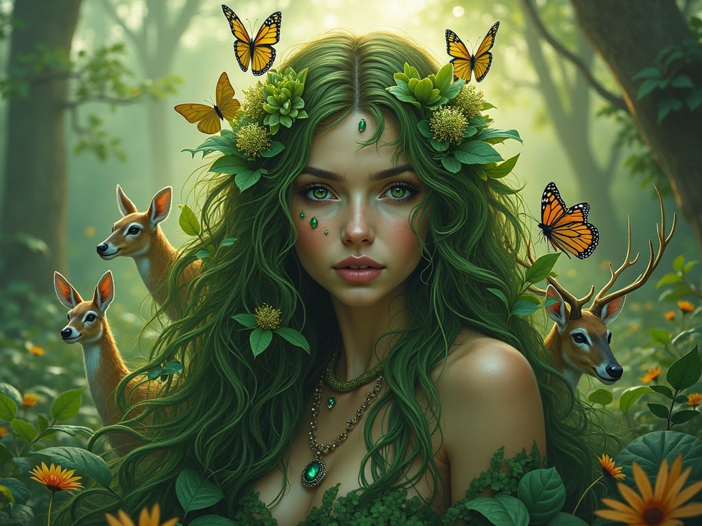 A mystical scene featuring a female figure embodying nature, adorned with a crown of vibrant flowers and foliage. Her gown is made from intertwining vines, accentuated by butterflies and surrounded by deer and songbirds. The ethereal composition captures a harmonious blend of flora and fauna, evoking an aura of enchantment and serenity.