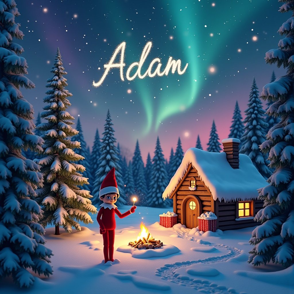 This image features a traditional red elf on the shelf standing in a snowy forest under a starry sky. The elf holds a magic wand that twinkles as it writes 'Adam' in glittering letters across the night sky. Sparkling snowflakes swirl around, enhancing the magical atmosphere. In the background, the northern lights glow in deep pink, purple, and turquoise hues. A campfire nearby casts a warm glow over the environment, adding to the cozy feel. Surrounding the quaint cottage are evergreens draped in snow, creating a true winter wonderland.