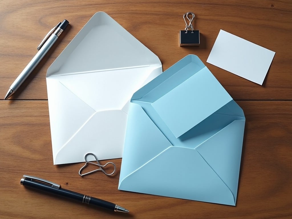 A wooden desk with stationery items including a silver pen, white and blue envelopes, a binder clip, and a blank business card.