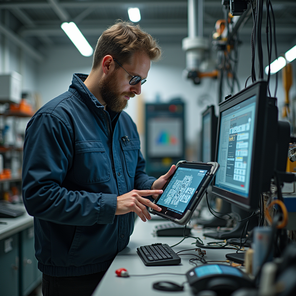 A man in a blue jacket uses a tablet in a high-tech lab environment, surrounded by monitors and equipment.