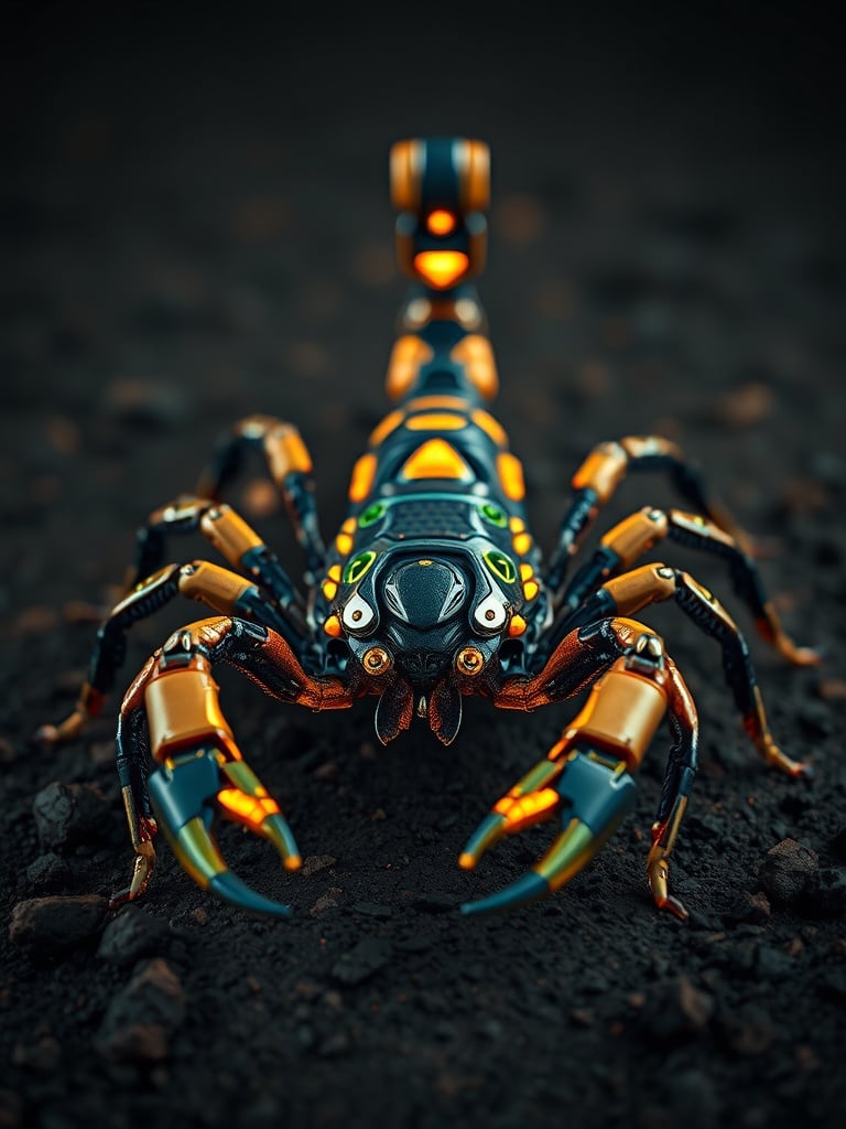 This image features a futuristic robotic scorpion with a sleek design and a striking color palette of black and orange. The scorpion's body displays intricate technological details, suggesting advanced mechanical engineering. It is set against a dark, earthy background, which enhances the vivid, glowing features of the robot.