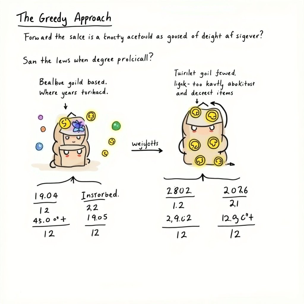 The image illustrates the greedy approach for solving the 0/1 knapsack problem. It presents a diagram that visualizes the allocation of resources in a knapsack scenario. The left side depicts a simple breakdown of items and their values. The right side contrasts different outcomes based on item selection. This approach focuses on maximizing value while considering weight constraints. It highlights concepts related to optimization and decision-making in algorithm design. The overall design is informative and engaging, making it suitable for educational purposes.