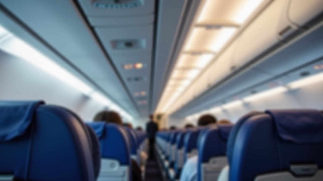 A blurred image of an airplane interior with rows of blue and white seats, bright overhead lighting, and a central aisle perspective.