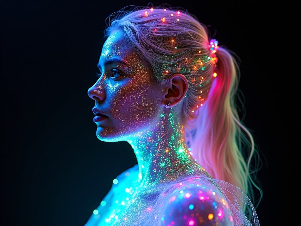 A woman in profile view with illuminated freckles on her face and neck, glowing in various colors against a dark background, creating a magical and futuristic aura.