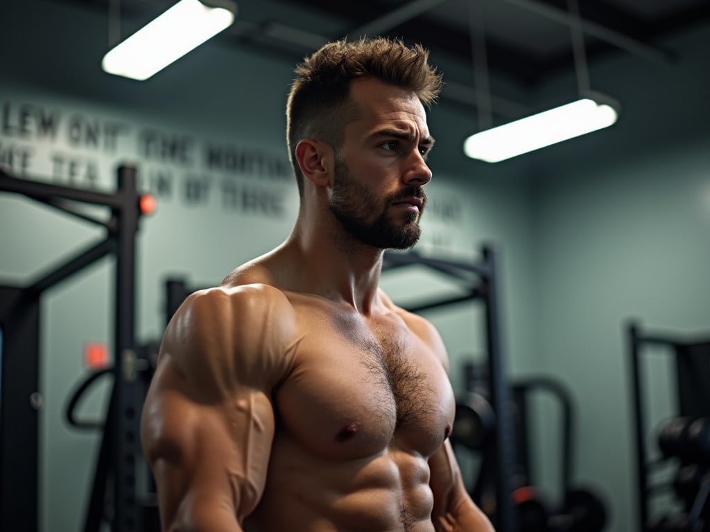 The image depicts a muscular man intensely focused on his workout in a gym environment. He is engaged in a physical activity, showcasing his sculpted physique under bright overhead lights. The background includes gym equipment and motivational phrases, creating an inspiring atmosphere. His facial expression reveals determination and commitment to fitness. The overall composition emphasizes the importance of strength training and a healthy lifestyle.