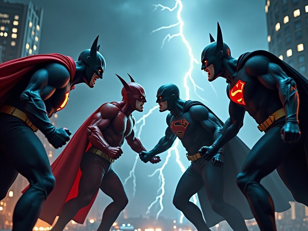 The scene depicts four superheroes facing off against each other in a dramatic confrontation. Two Batmans, one in traditional colors and another with a red cape, flank a Flash character, while a Superman stands confidently nearby. The background is dark with urban elements, and a stormy sky lit by flashes of lightning creates a tense atmosphere. The characters are highly detailed, showcasing their muscular forms and costumes. The artwork captures a moment of confrontation and intensity, making the viewer feel the gravity of the scene.