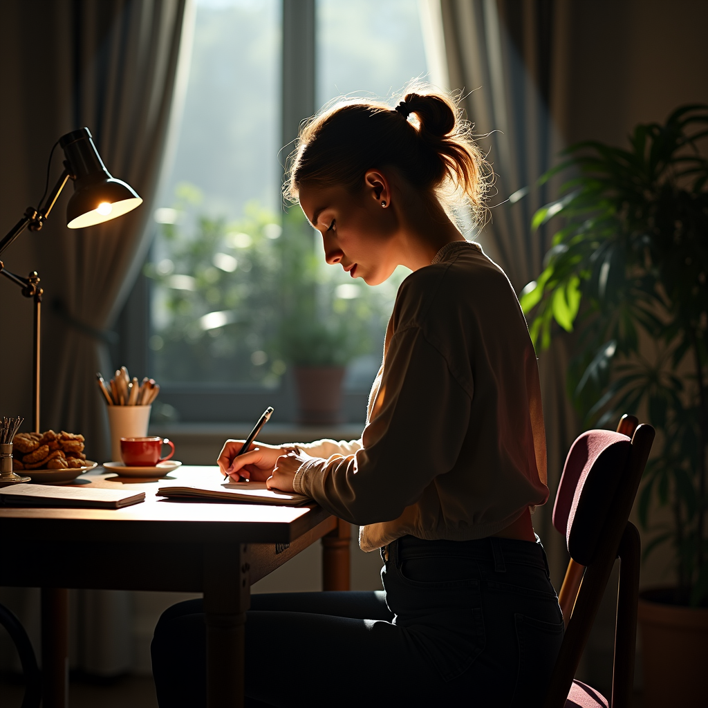 A woman sits by a window, illuminated by soft sunlight, engaged in writing at a cozy desk.