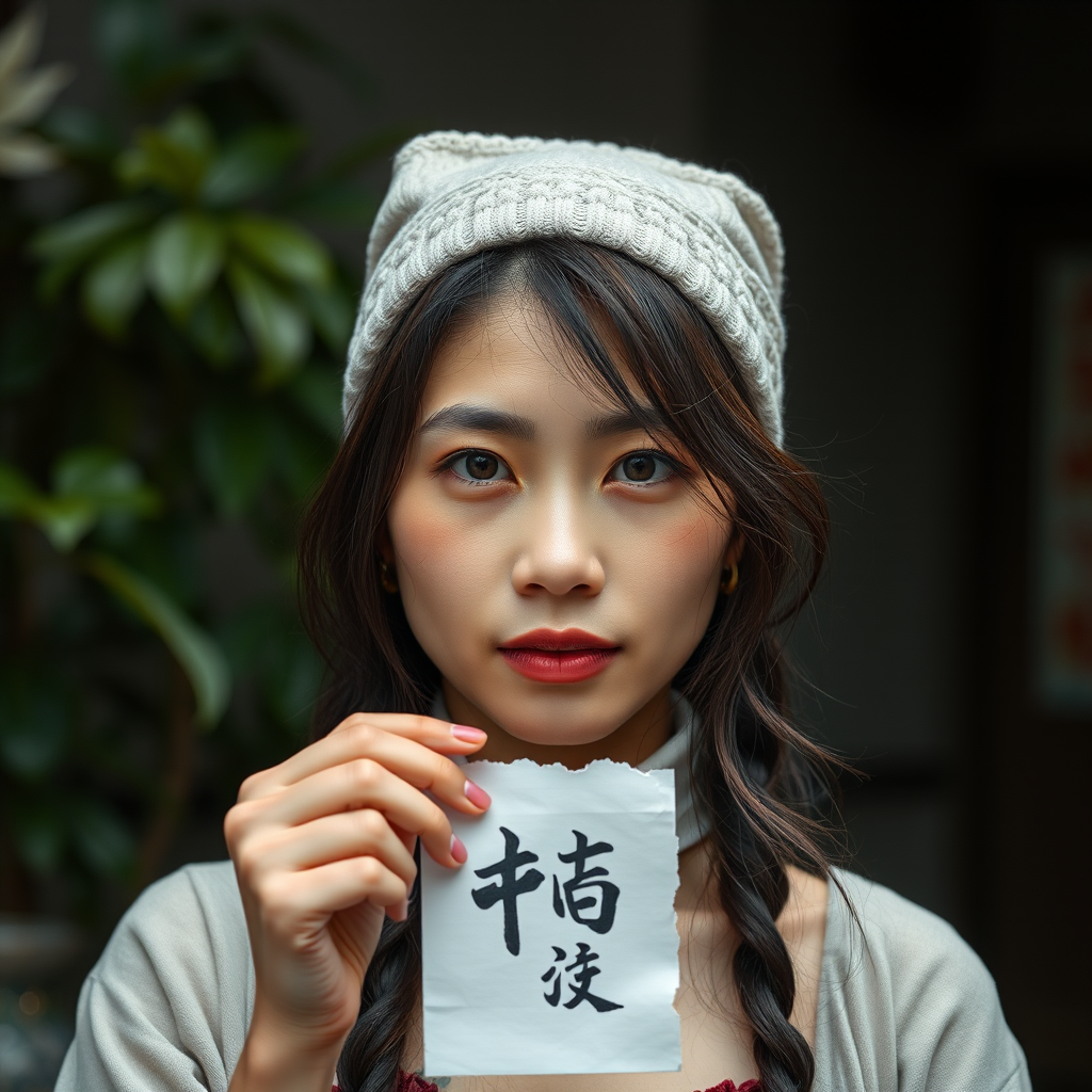 A woman with deep eyes holds a paper with Japanese characters, set against a background of green leaves.