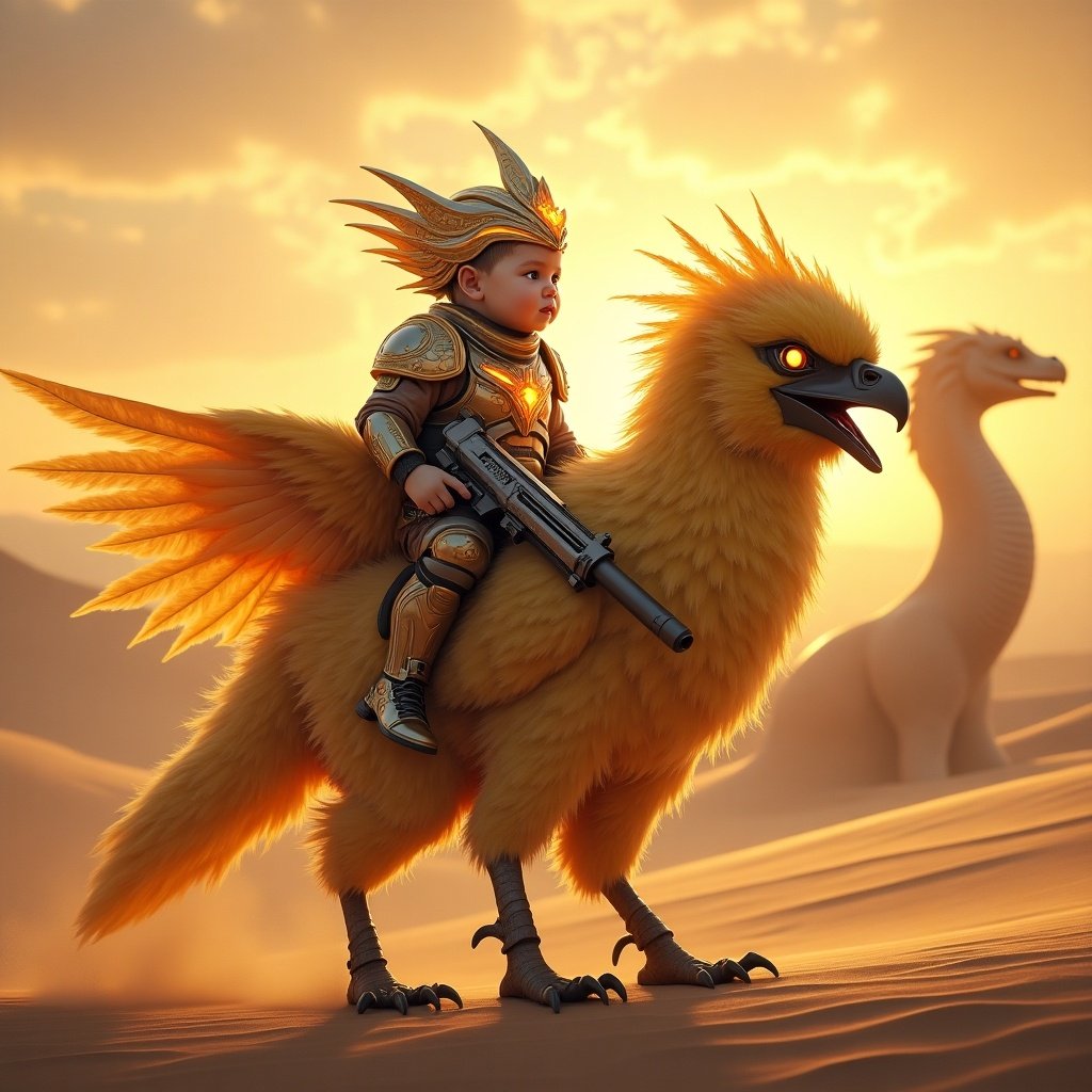 A highly detailed digital artwork depicting a mystical desert at sunset. A heroic baby, dressed in futuristic military gear, rides a fluffy mutant garuda chick. The baby has a glowing crown and a high-tech weapon, symbolizing courage. The garuda chick has radiant golden feathers and a determined expression. In the distance, a colossal serpent rises from the dunes with glowing eyes. The scene captures a cinematic moment with vivid colors and intricate details, showcasing the baby's calm determination and the garuda chick's readiness to defend against looming danger. The background features rippling sand dunes and a glowing sky, adding to the mystical ambiance.