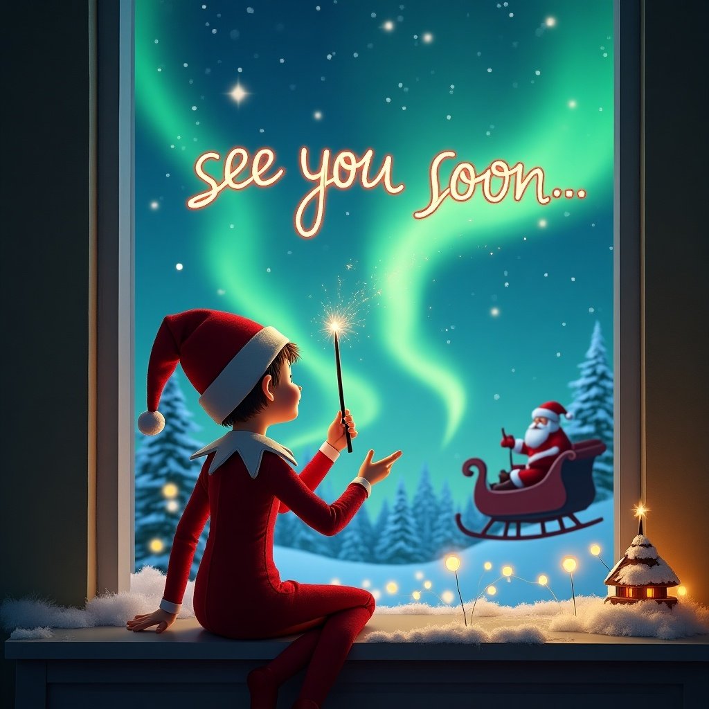 This enchanting image features an elf on the shelf perched by a window, facing the sky. The elf, dressed in a festive red outfit and hat, is using a wand to spell out 'see you soon...' in the air. The background is a magical Christmas scene filled with stunning northern lights, providing a colorful glow. There's also a silhouette of Santa Claus in his sleigh. The overall atmosphere is warm and inviting, perfect for the holiday season. This imaginative setting evokes feelings of excitement and anticipation for Christmas.