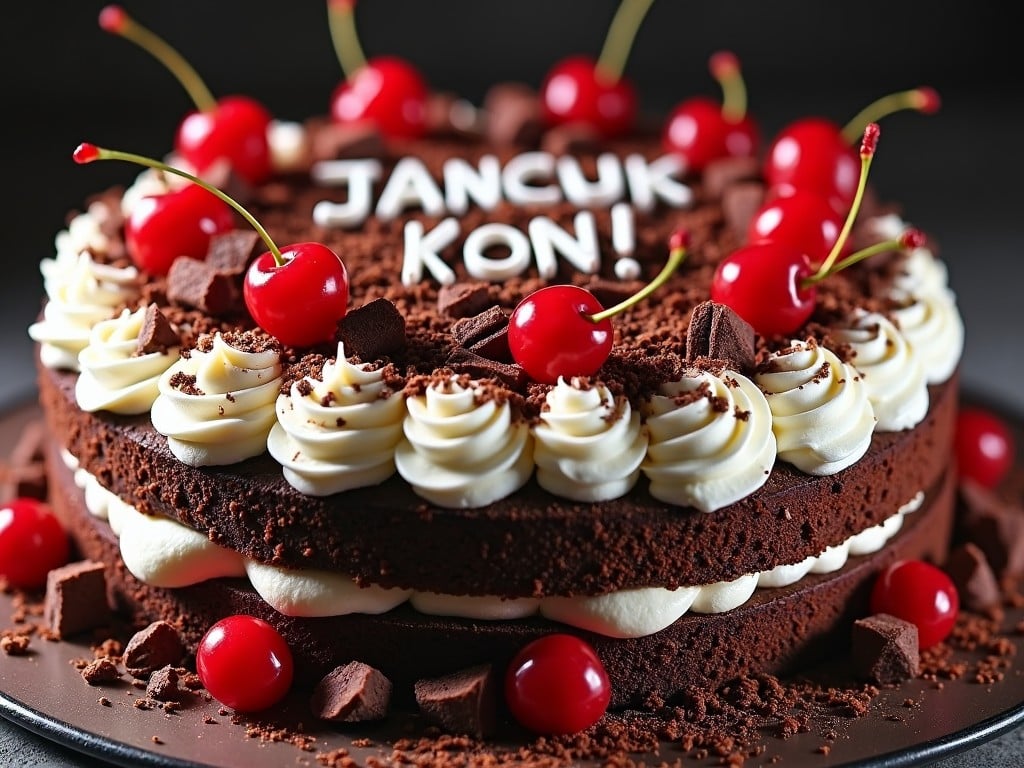 This image showcases a delectable Black Forest gateau cake prominently displaying the words "JANCUK KON!" on its surface. The cake is beautifully decorated with fluffy white frosting, chocolate shavings, and bright red cherries. The composition captures the enticing layers of chocolate cake and cream. Cherry toppings add a vibrant pop of color against the dark tones of the cake, giving it an inviting look. The dynamic shot highlights the texture and deliciousness, making it perfect for food photography.