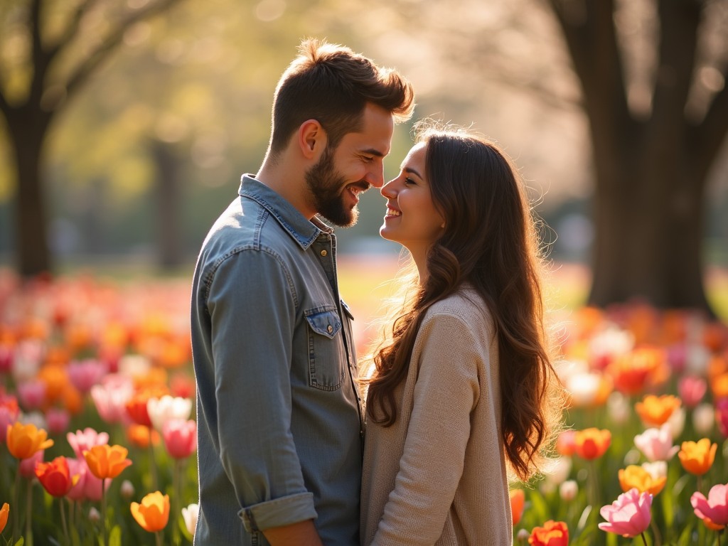 The image depicts a loving couple standing close together, smiling at each other in a field of colorful tulips. Their faces are illuminated by warm, soft sunlight, creating a romantic and intimate atmosphere. The background is filled with vibrant flowers, enhancing the beauty of the moment. They embody joy and connection in a serene outdoor setting. This scene captures the essence of love during the spring season, making it a perfect representation of romantic relationships.