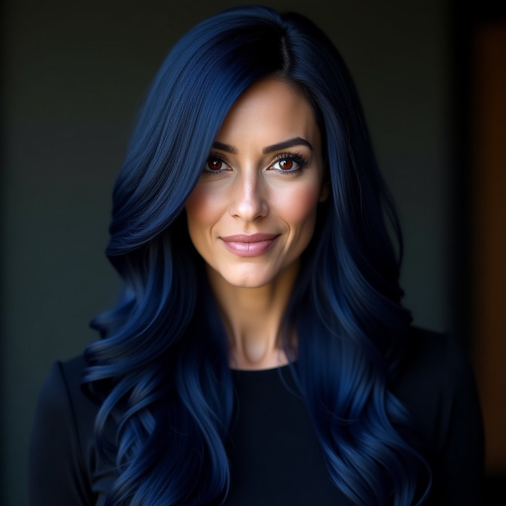 The image features a beautiful woman with long, silky dark blue straight hair. Her hair cascades down elegantly, adding a vivid splash of color to her overall appearance. She possesses striking dark red eyes that convey maturity and wit, suggesting a thoughtful and engaging personality. The model is standing against a dimly lit background that enhances her captivating features. Her expression is both confident and inviting, making her an ideal candidate for various fashion and beauty-related promotions.