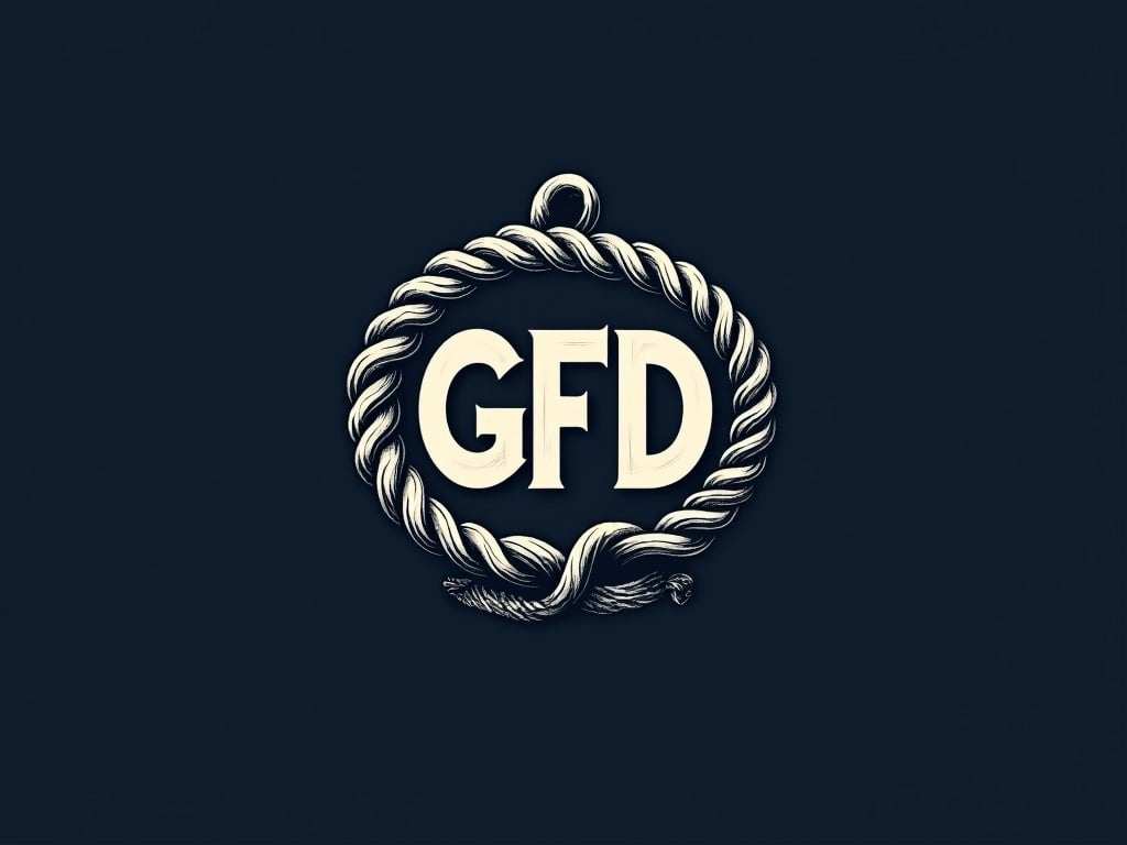 This is a 2D version of a logo design that features the letters GFD prominently in a bold and stylized font. The logo is surrounded by a thick, textured rope, giving it a nautical theme. The background is a contrasting dark color, enhancing the visibility of the letters and the rope design. The overall color scheme employs great contrast, making the logo striking and visually appealing. The design maintains simplicity while ensuring the elements are clearly defined.