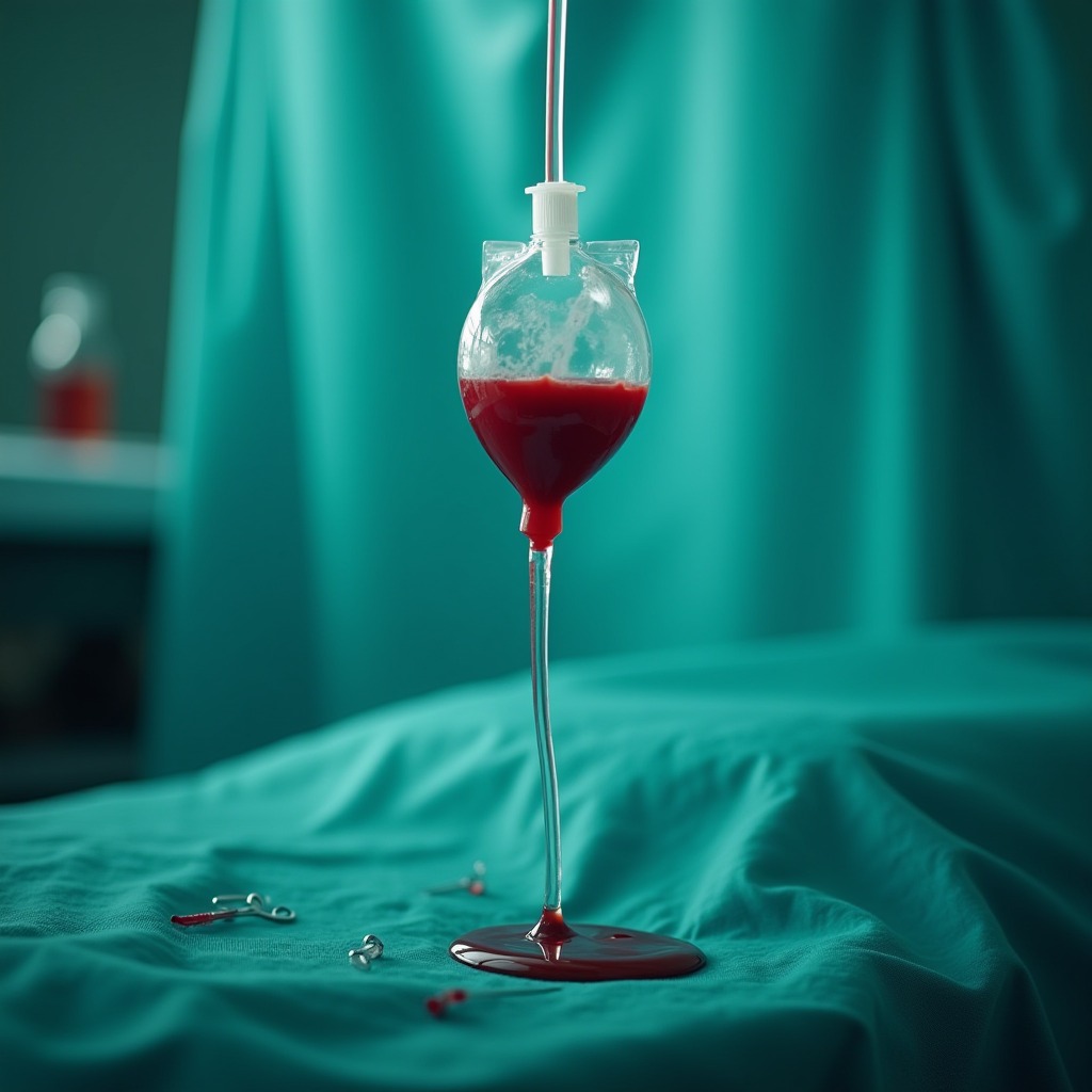 A glass filled with red liquid sits on a medical table, surrounded by surgical tools.