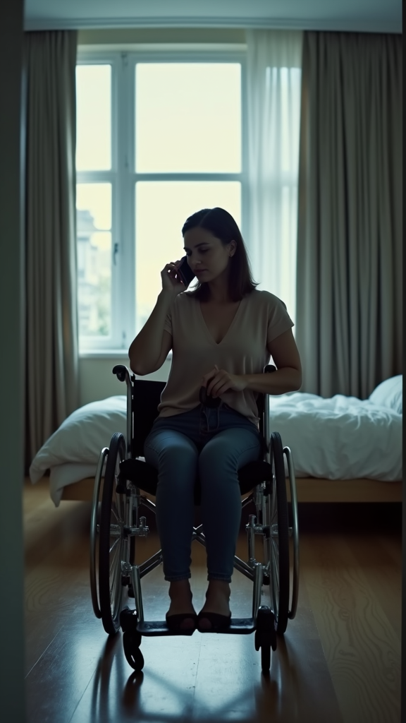 A woman seated in a wheelchair, talking on a phone in a softly lit room with large windows, exuding a sense of calm and introspection.