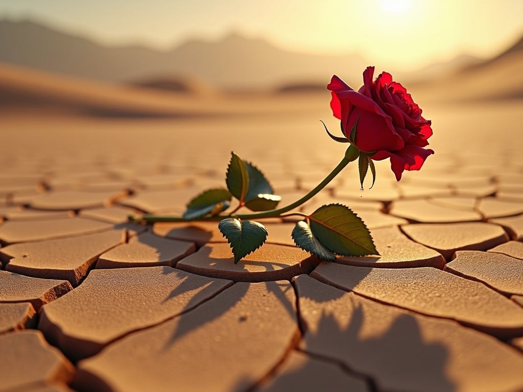 This image depicts a wilting rose 🥀 lying on a cracked desert floor under the harsh midday sun ☀️. The rose casts a long shadow and features a single tear rolling down its stem. The stark contrast between the vibrant rose and the dry, cracked earth emphasizes a theme of beauty amidst adversity. The hyperrealistic style captures every detail, making the scene intense and evocative. This 8k image provides a striking visual that resonates with emotions related to love, loss, and resilience.