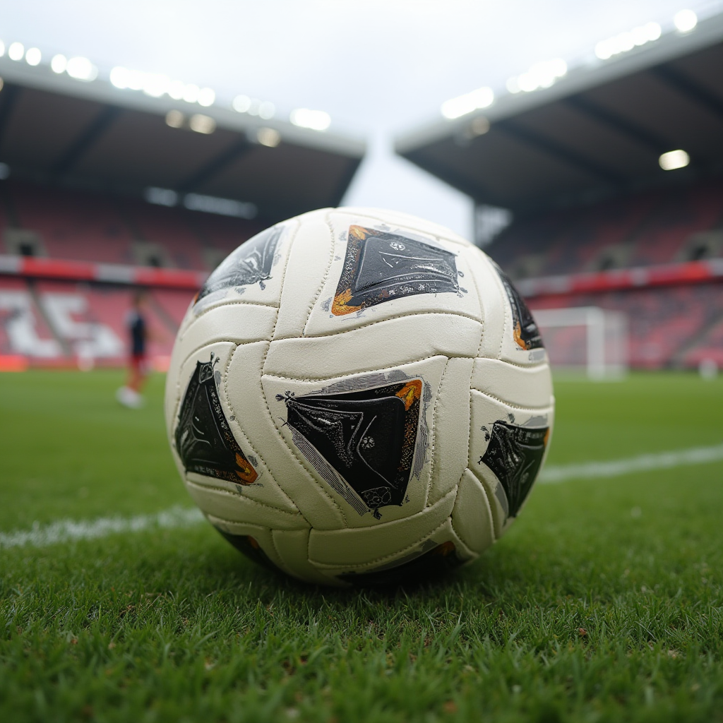 A close-up of a soccer ball placed on a lush green pitch inside an empty stadium, under a cloudy sky.