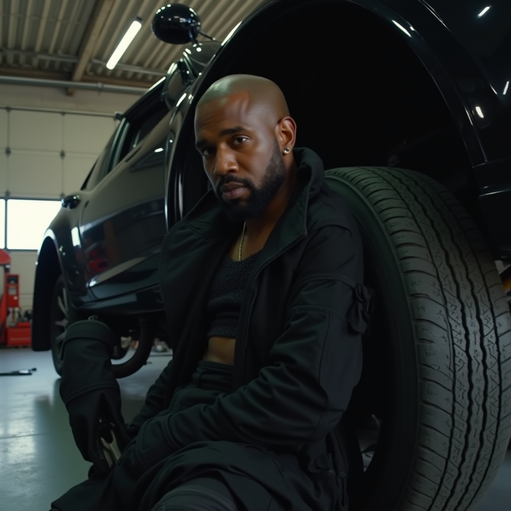 A man dressed in black sits contemplatively against a large tire within a well-lit garage.