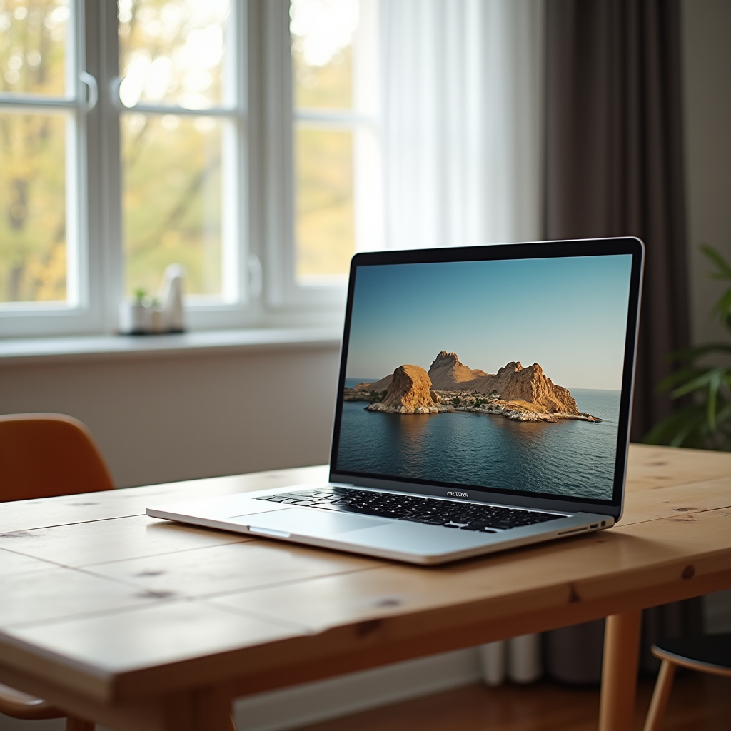 A laptop sits on a wooden table, displaying a serene ocean landscape, with sunlight streaming through large windows in the background.