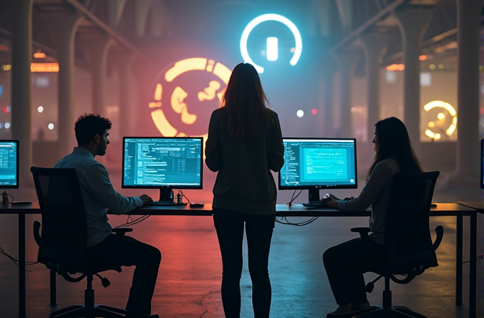 Three people work at computers in a futuristic room with glowing digital symbols.