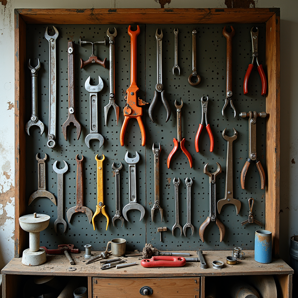 The image showcases an organized display of various tools on a pegboard.