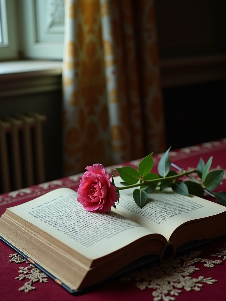 An open book on a table with a vibrant pink rose laid across its pages, illuminated by soft natural light from a nearby window.