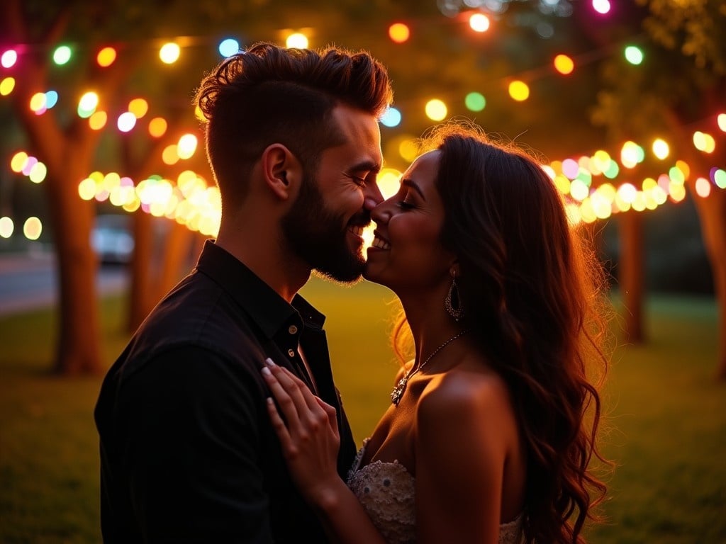 A couple sharing a romantic kiss in a lush green park during soft daylight. The scene is beautifully lit, with vibrant string lights surrounding them at night, creating a warm and dreamy atmosphere. Their silhouettes are emphasized against the colorful lights, showcasing their closeness and connection. The male partner features a stylish haircut and beard, while the female partner has long, flowing hair. Both appear joyful and intimate, and the softly blurred background enhances the overall romantic feel of the image.