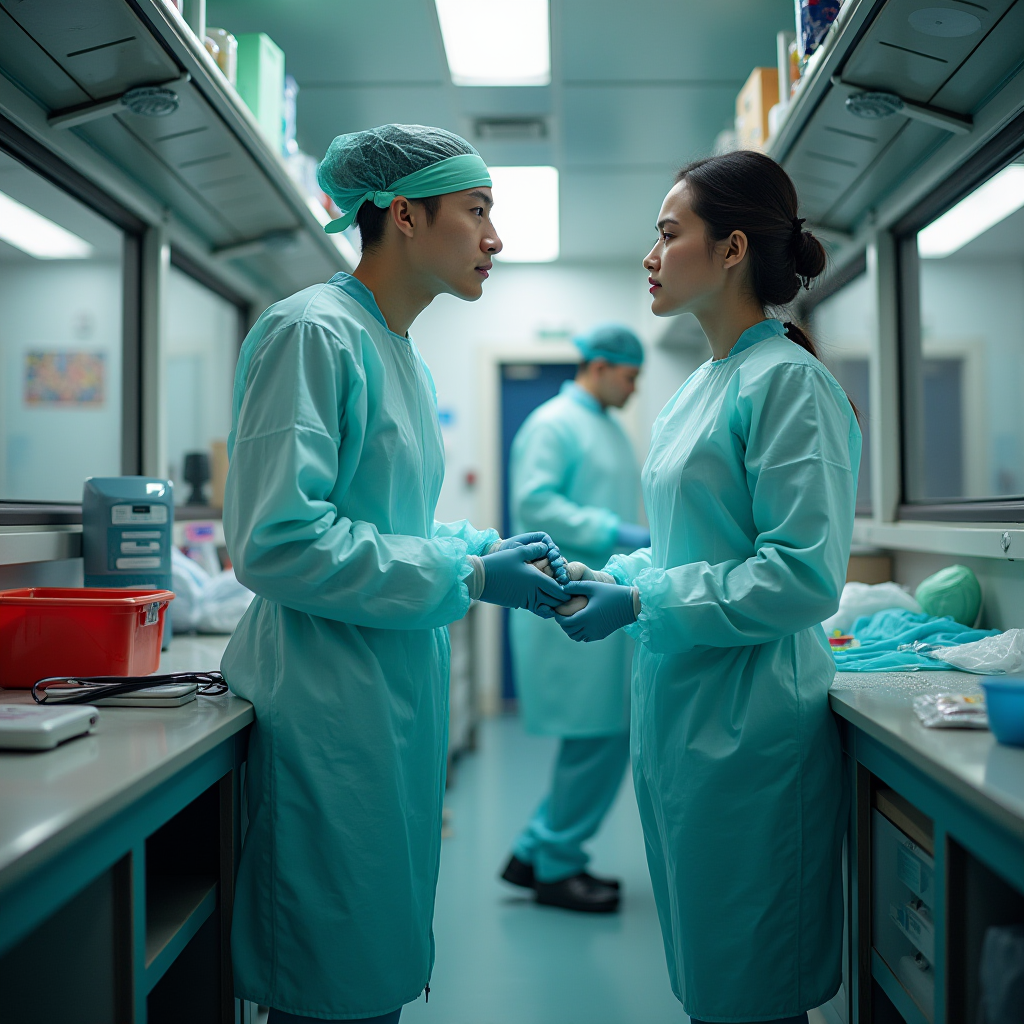 Two medical professionals share a meaningful moment in a hospital setting.