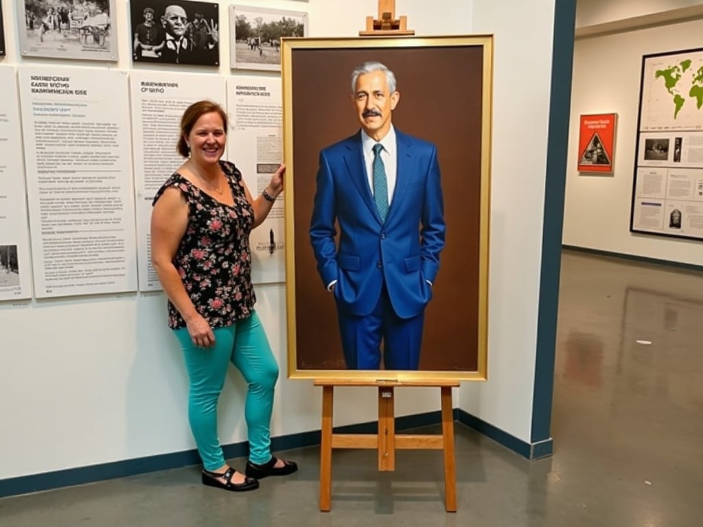 A woman stands next to a portrait painting of a man in a blue suit displayed in a gallery setting, surrounded by information panels.