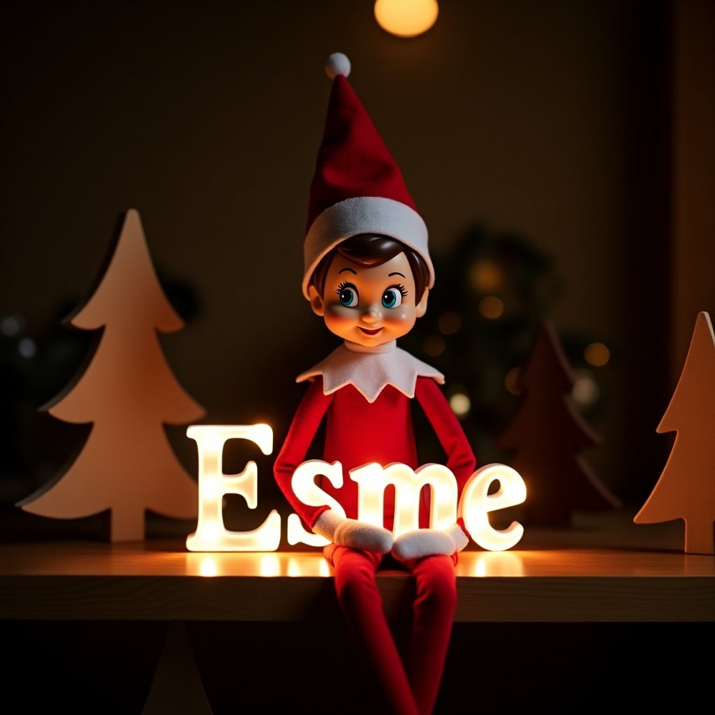 This image showcases a charming elf on the shelf, dressed in classic red and white. The elf holds a glowing text that reads 'Esme'. The background is deliberately dark, which amplifies the soft glow of the bright letters. This setting generates a warm and inviting atmosphere, perfect for the holiday spirit. Viewers can feel the magic and celebration that come with the Christmas season.