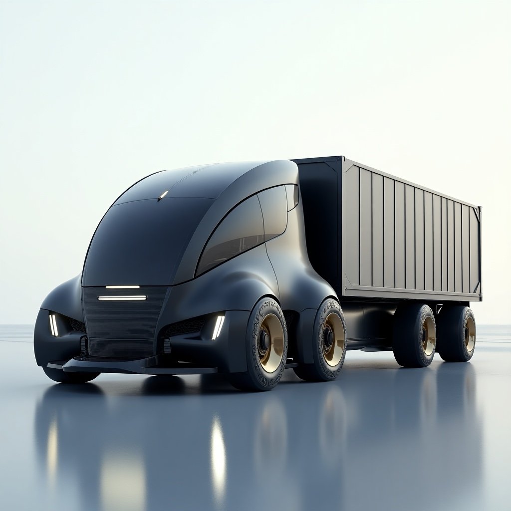 This image showcases a futuristic truck with a striking, sleek design. The vehicle features a streamlined body and is paired with a trailer that holds a container. The overall aesthetic emphasizes modern technology and innovation in transportation. The vehicle's design includes bold lines and a unique shape, making it look advanced and eye-catching. The color scheme is primarily black with gold accents, enhancing its sophisticated appearance.