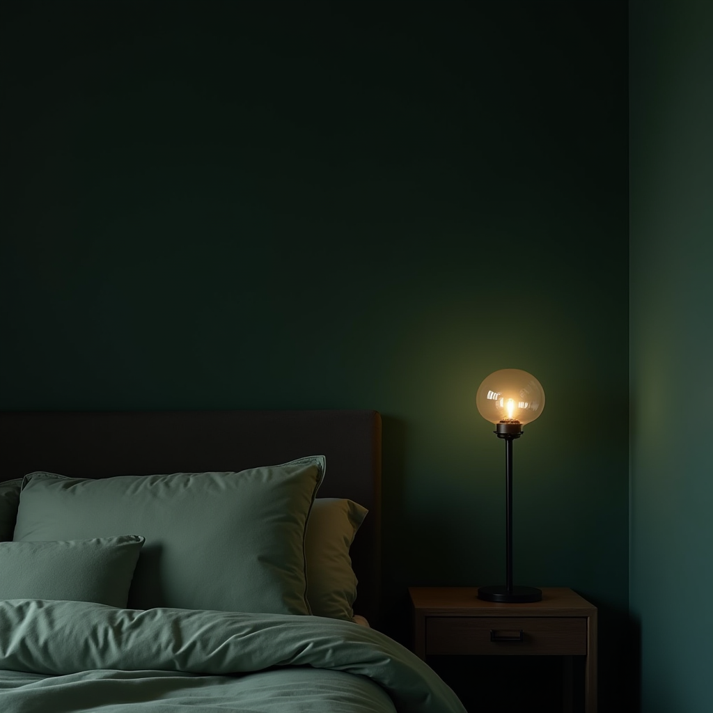 A dimly lit bedroom with green bedding and a bedside lamp casting a soft glow.