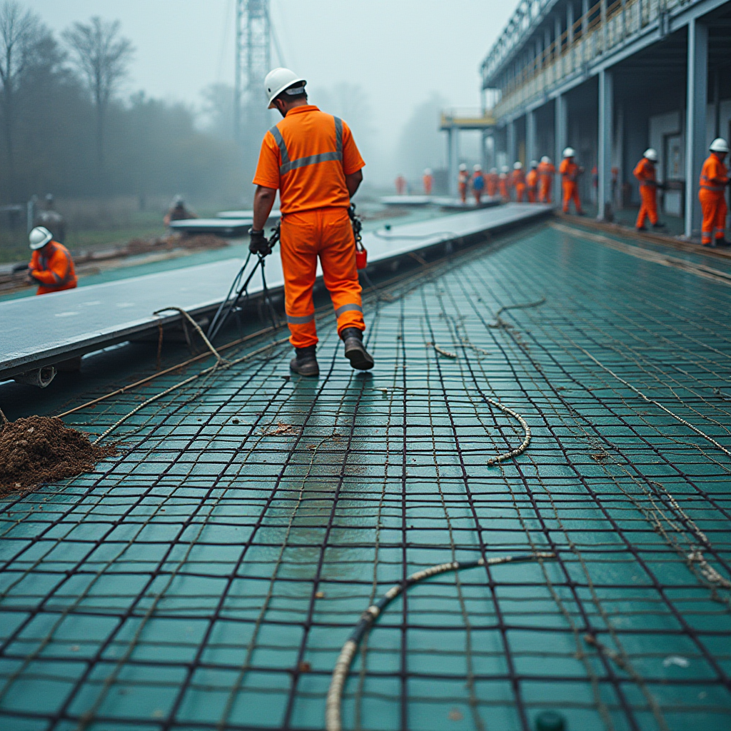 Workers in orange safety gear are working on a large construction site, surrounded by fog.