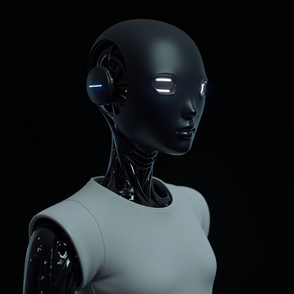 A sleek, humanoid robot with glowing eyes and intricate mechanical details stands against a dark background, exuding a sense of futuristic sophistication.