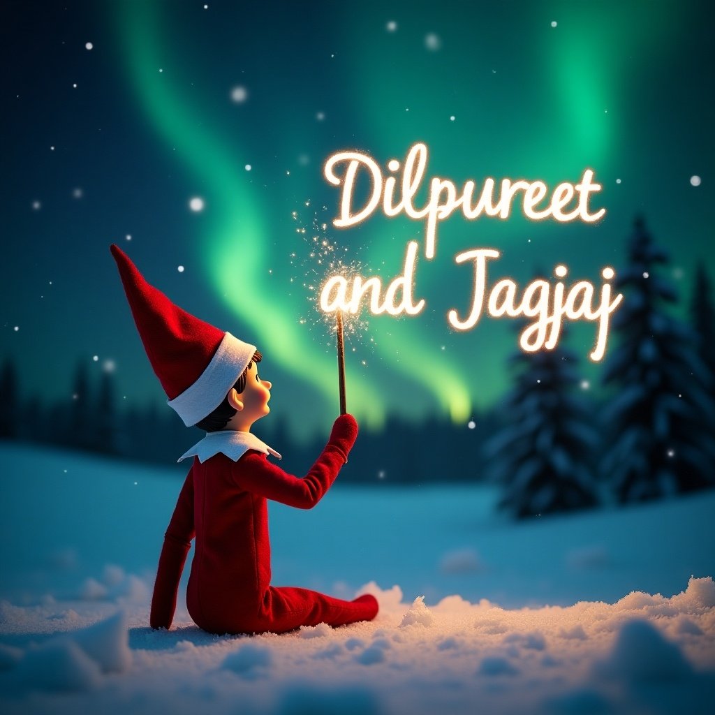 This image showcases an elf on the shelf positioned with its back to the viewer. The elf, dressed in a traditional red outfit, is facing up towards a beautiful dark sky filled with vibrant northern lights. With a magic wand in hand, it is elegantly writing the names Dilpreet and Jagraj in sparkling letters against the backdrop. The snowy ground adds a serene touch to the magical scene. The overall atmosphere is filled with wonder and holiday joy, perfect for capturing the essence of Christmas.