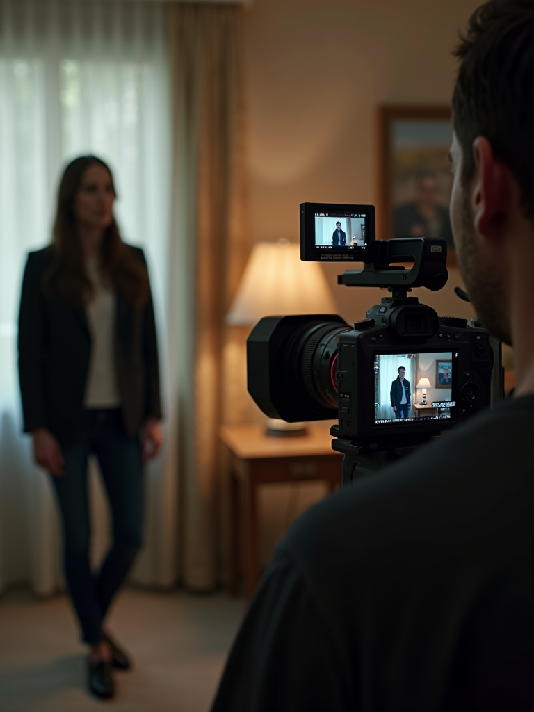 A person is being filmed by a camera inside a room.