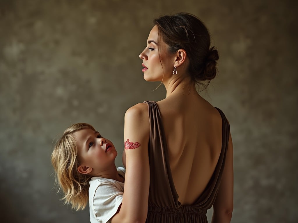 The image portrays a striking scene of a young boy holding a knife towards a woman whose back is turned. The woman is dressed in an elaborate, backless gown, revealing a red, textured mark. The background is neutral, directing attention to the contrasting innocence of the boy and the dramatic posture of the woman. The scene evokes a complex interplay of vulnerability, mystery, and tension.