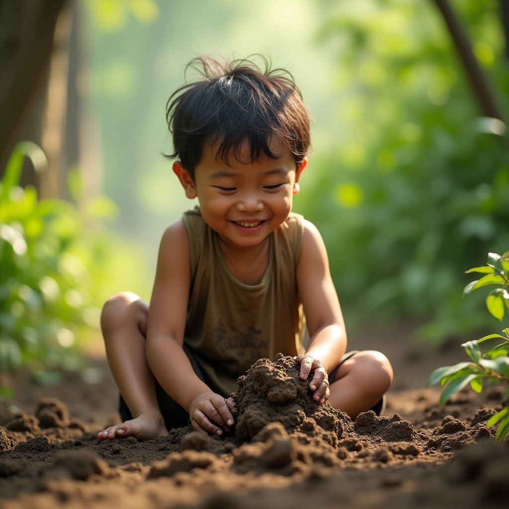 The image depicts a young boy joyfully playing in the mud, embodying the essence of childhood and innocent exploration. He is crouched down, focused on molding a small mound of dirt into a toy. The setting is surrounded by lush greenery, creating a serene, natural environment. Sunlight filters through the leaves, casting a warm glow that highlights the child's face and the texture of the mud. This scene captures the pure joy and simplicity of outdoor play, evoking feelings of nostalgia and freedom.