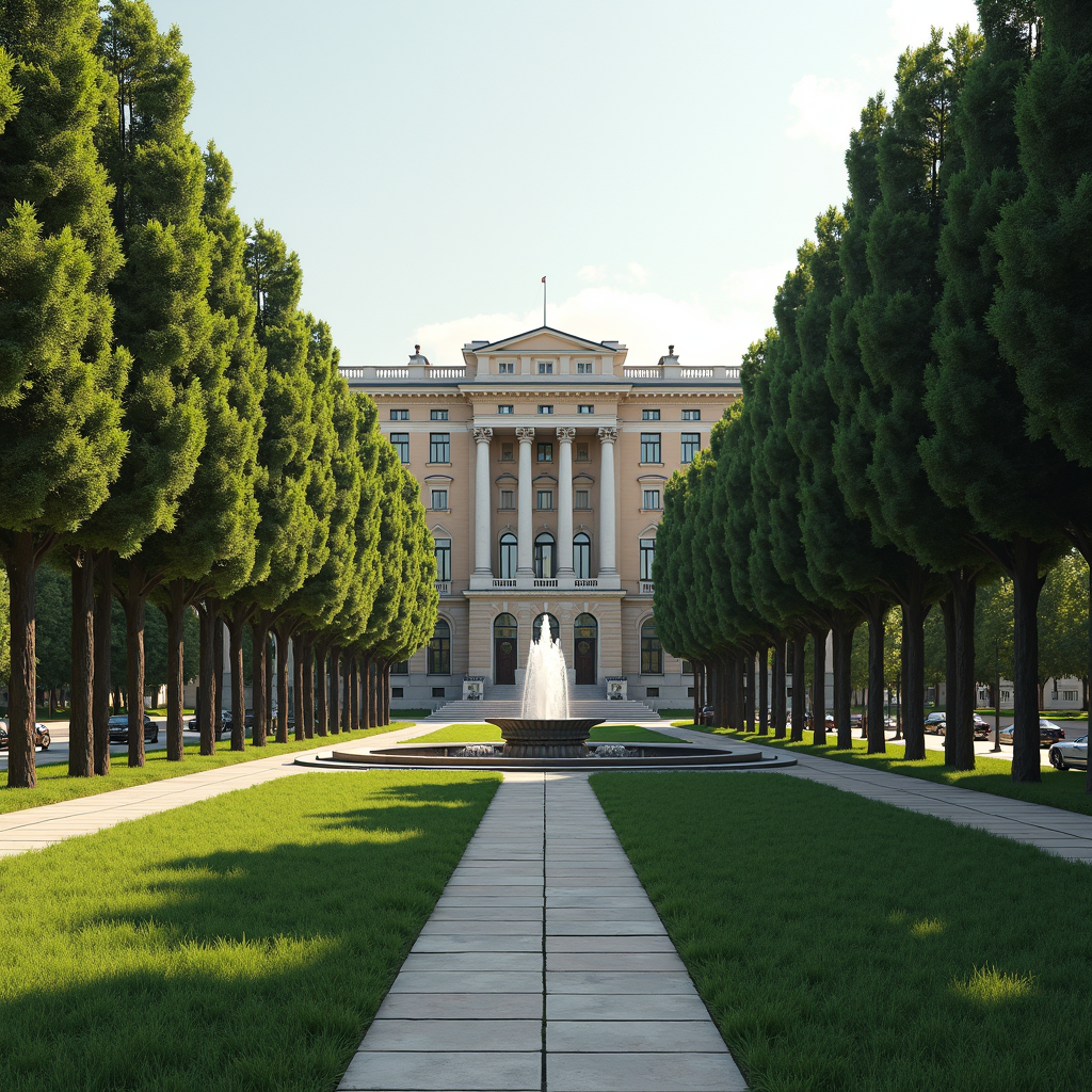 A grand building is framed by tall, evenly spaced trees with a central fountain in a landscaped pathway.