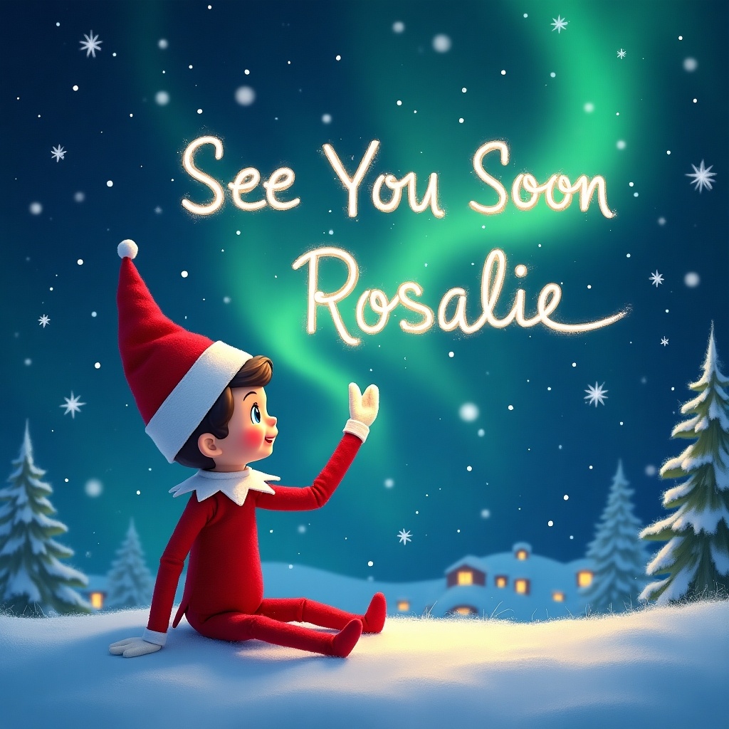 This image features a cheerful elf sitting on a snowy landscape, gazing at the sky. In the background, vibrant northern lights illuminate the night with shades of green and blue. The elf, dressed in a classic red outfit with a white collar, raises one hand in a friendly gesture. Above the elf, the words 'See You Soon Rosalie' are beautifully written in glowing letters. The overall scene captures a whimsical and festive holiday spirit, ideal for conveying cheerful messages during the Christmas season.