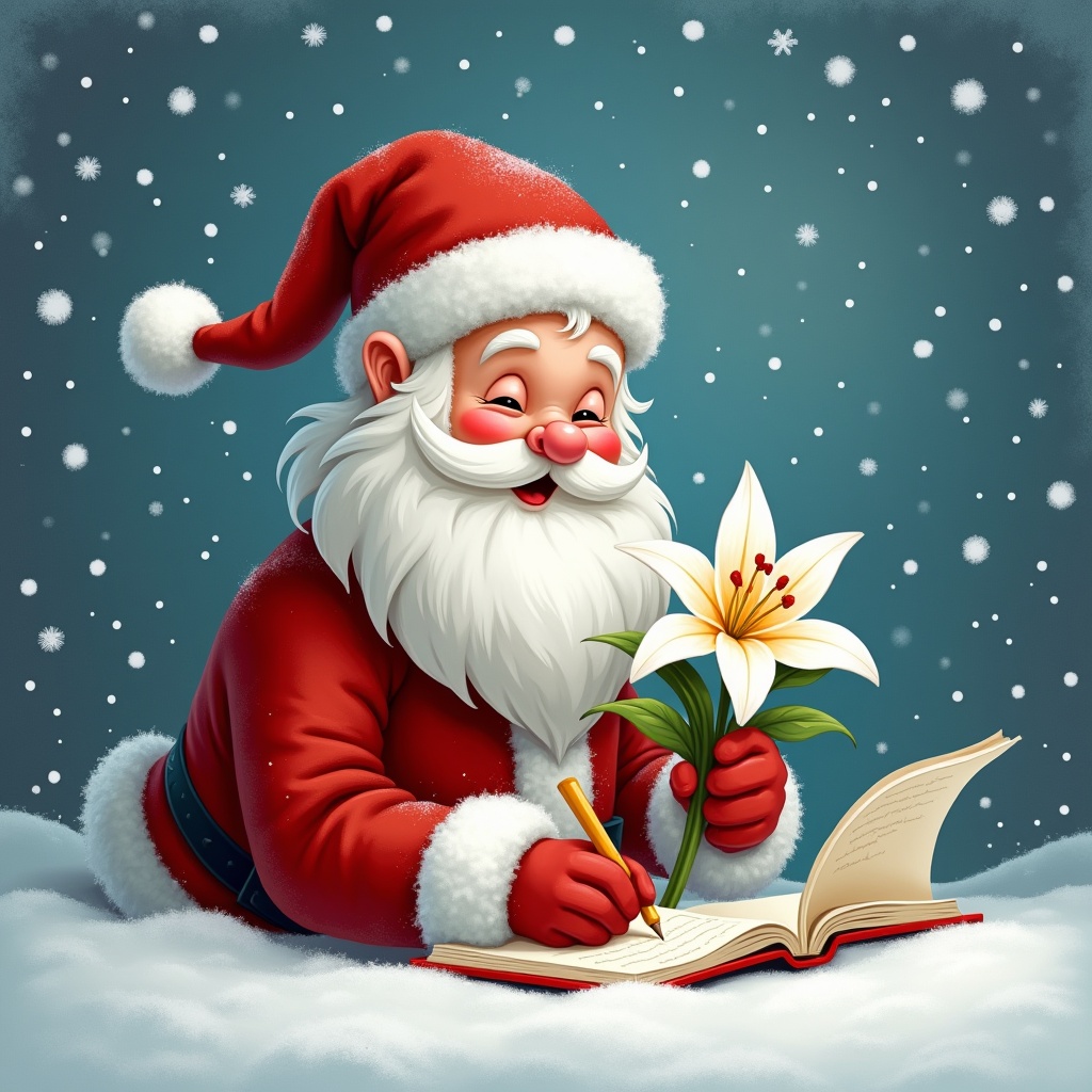 This image features a jolly Santa Claus in a red suit, happily writing in a book while surrounded by snow. He holds a beautiful white lily in one hand, adding a touch of nature to the winter scene. The background is a gentle blue with falling snowflakes, enhancing the cozy Christmas atmosphere. Santa’s face is full of joy, and his fluffy beard shines against the snowy backdrop. This illustration captures the essence of holiday cheer and creativity.