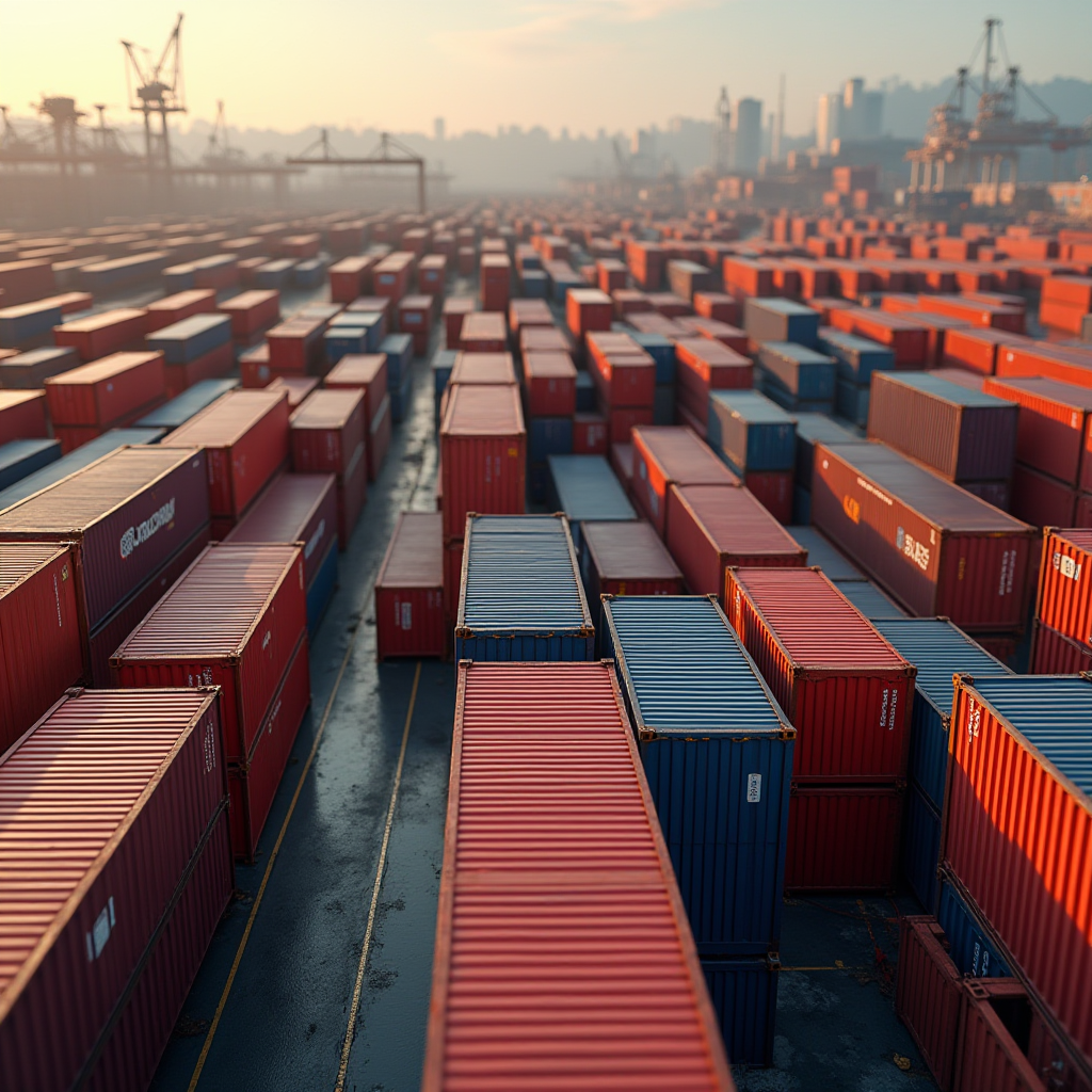 This image depicts a bustling container port at sunset, filled with rows of shipping containers in various shades of red and blue. The layout of the containers creates a pattern of orderly lines, leading the viewer's eye through the scene. In the background, cranes are visible silhouetted against the sky, adding an industrial feel to the setting. The lighting gives a warm, golden hue to the scene, softening the overall industrial atmosphere. The port stretches into the distance, indicating a vast, busy shipping operation. The image captures the essence of global trade and logistics.