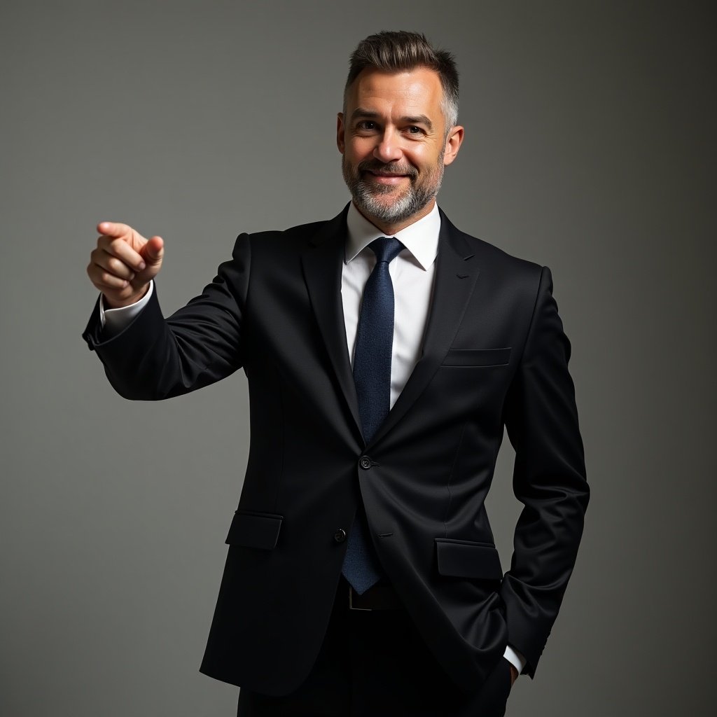 This image features a well-dressed man in a dark suit, exuding confidence. He is pointing to his left with a friendly smile and a welcoming demeanor. The setting has a neutral gray background, highlighting his professional appearance. His hair is neatly groomed, complementing his sharp look. This image conveys professionalism, charisma, and approachability, making it ideal for business-related content.