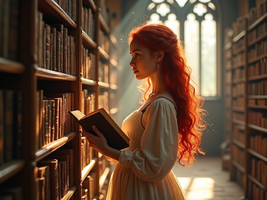 A woman stands in a grand library filled with ancient books. She has long, curly red hair that catches the warm light streaming in through arched windows. Dressed in a flowing cream-colored gown, she holds an open book, gazing thoughtfully at the pages. Soft shadows and golden hues create a serene scene, evoking a sense of peace and reflection. The towering bookshelves around her suggest a rich world of stories and knowledge waiting to be explored.