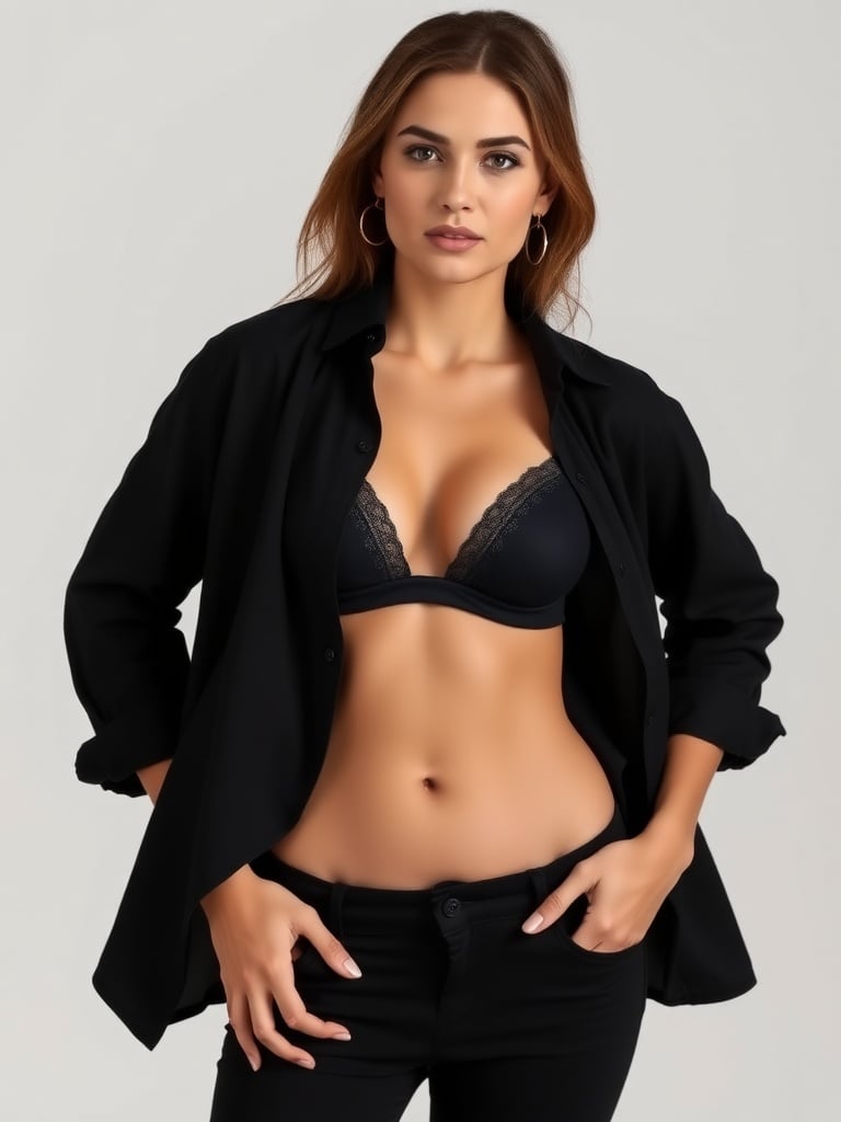 A confident woman wearing a black open shirt and black bra, stylish pose, neutral background.