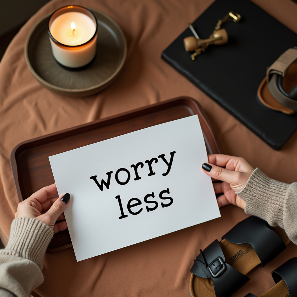 A calming scene with a person holding a 'worry less' card surrounded by peaceful elements like a candle and a sandal.