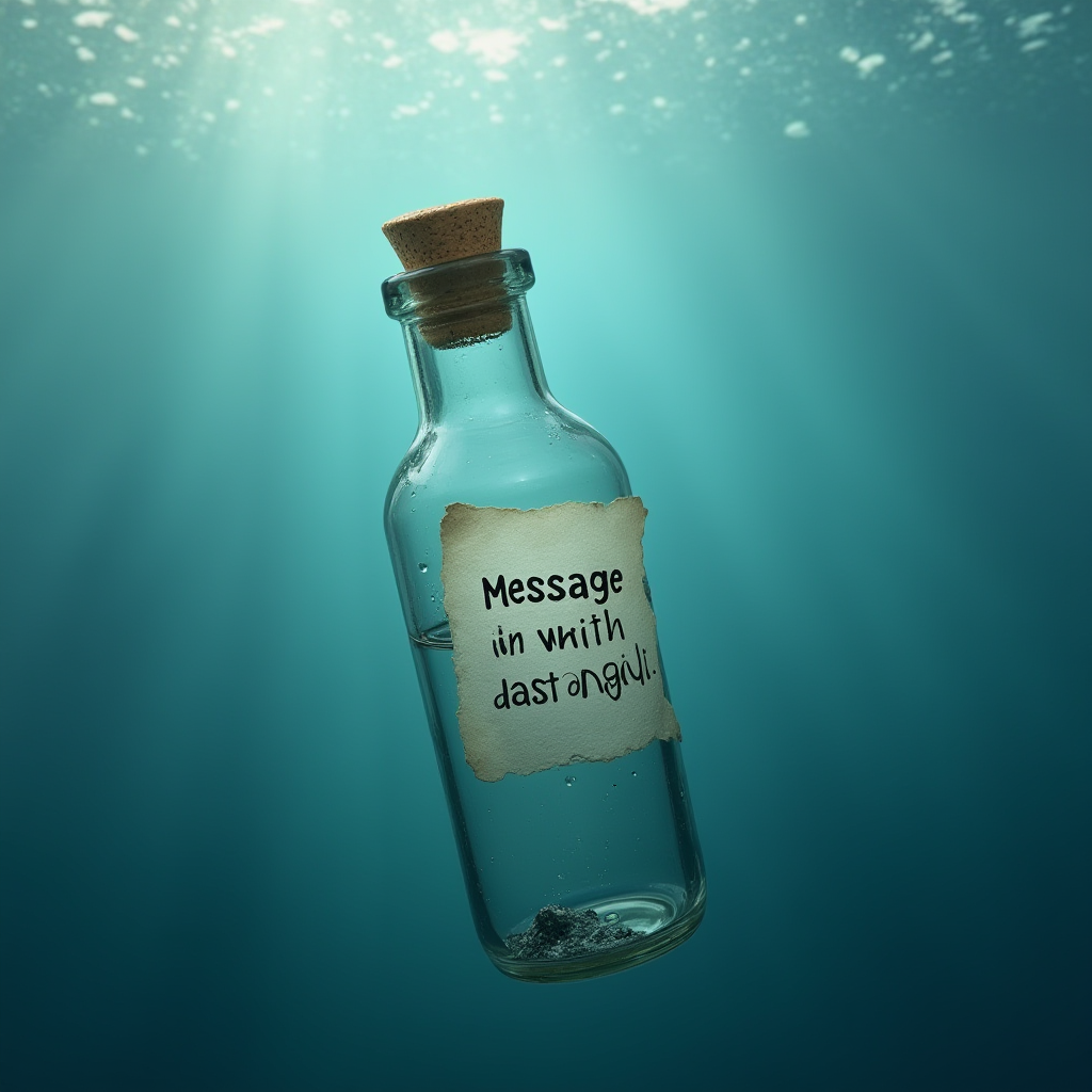 A glass bottle with a cryptic note floats underwater, bathed in ethereal sunlight.